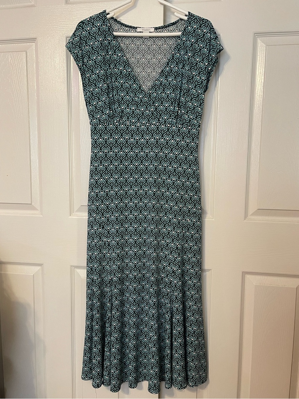 dressbarn Teal Patterned V-Neck Midi Dress